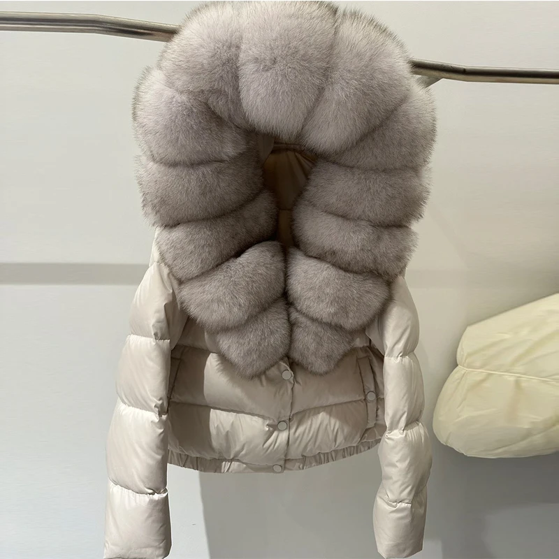 Janveny Natural Real Fox Fur Hooded Short Puffer Jacket Women 2025 Winter 90% White Duck Down Coat Female Parkas Outwear