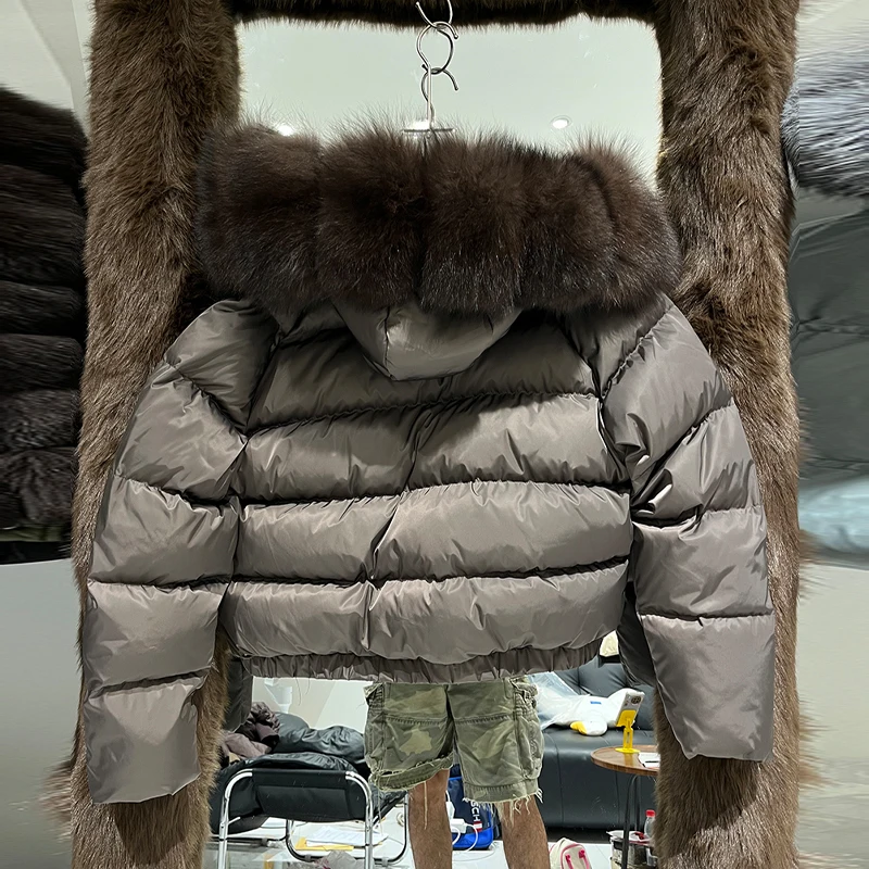 Janveny Natural Real Fox Fur Hooded Short Puffer Jacket Women 2025 Winter 90% White Duck Down Coat Female Parkas Outwear