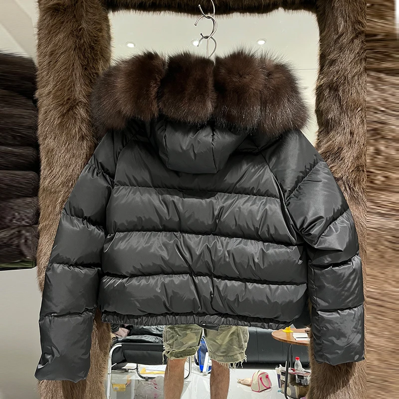 Janveny Natural Real Fox Fur Hooded Short Puffer Jacket Women 2025 Winter 90% White Duck Down Coat Female Parkas Outwear