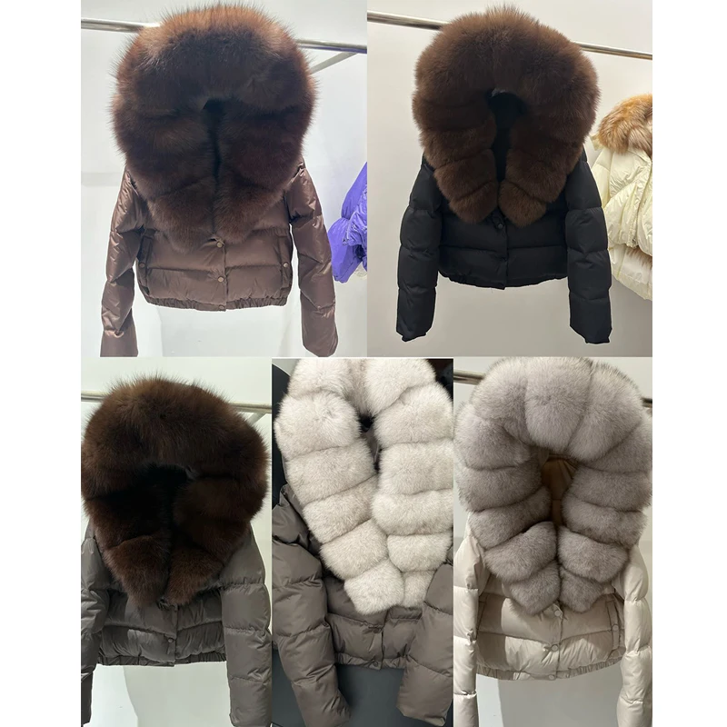 Janveny Natural Real Fox Fur Hooded Short Puffer Jacket Women 2025 Winter 90% White Duck Down Coat Female Parkas Outwear