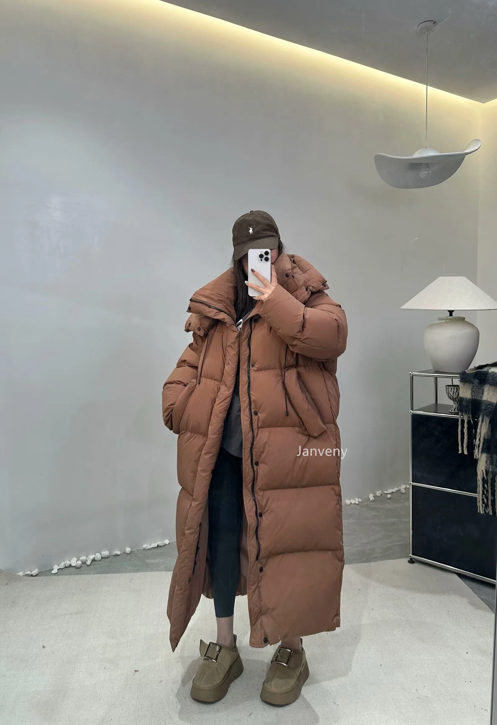 Janveny Women's Down Coats Korean Loose Hooded Thick Warm Long Duck Down Jacket Winter Puffer Coat For Female Parkas Outwear