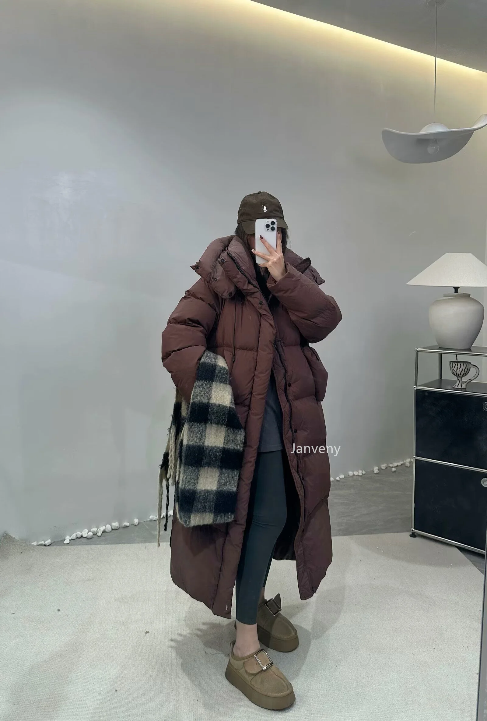Janveny Women's Down Coats Korean Loose Hooded Thick Warm Long Duck Down Jacket Winter Puffer Coat For Female Parkas Outwear