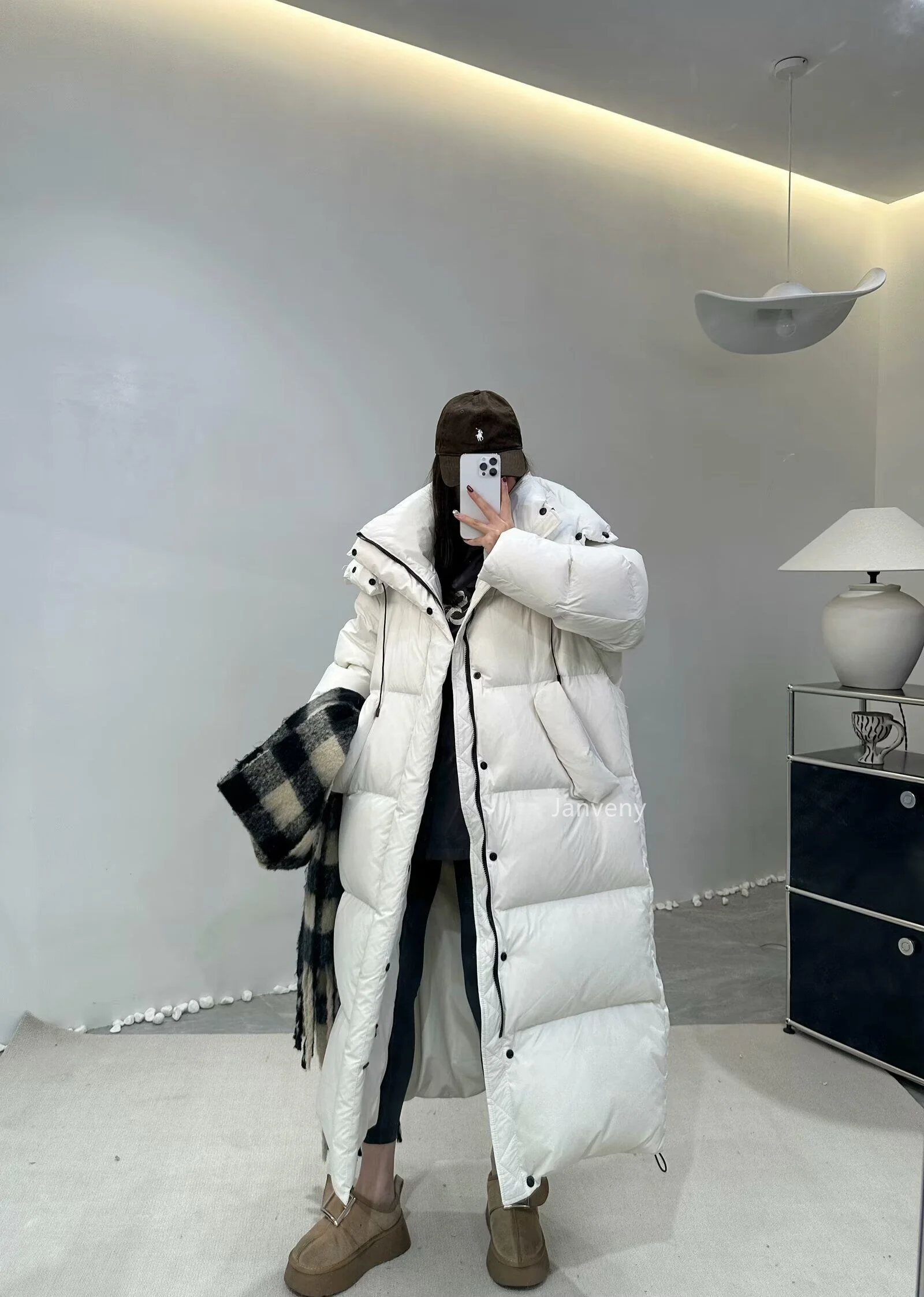 Janveny Women's Down Coats Korean Loose Hooded Thick Warm Long Duck Down Jacket Winter Puffer Coat For Female Parkas Outwear