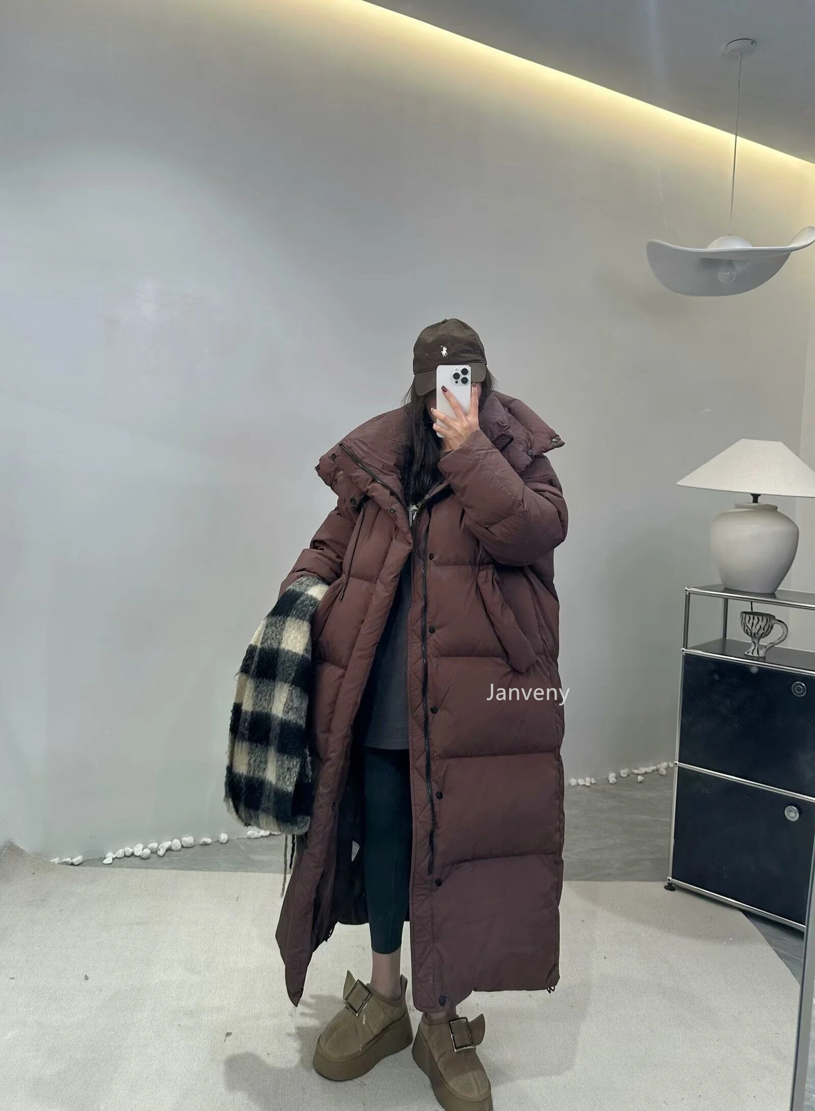 Janveny Women's Down Coats Korean Loose Hooded Thick Warm Long Duck Down Jacket Winter Puffer Coat For Female Parkas Outwear