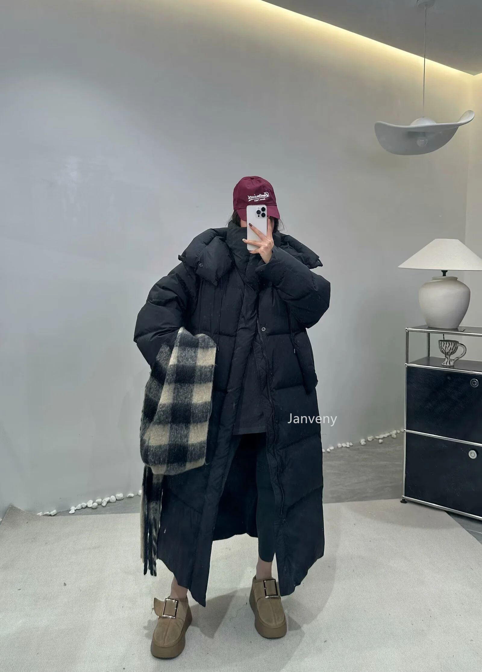 Janveny Women's Down Coats Korean Loose Hooded Thick Warm Long Duck Down Jacket Winter Puffer Coat For Female Parkas Outwear