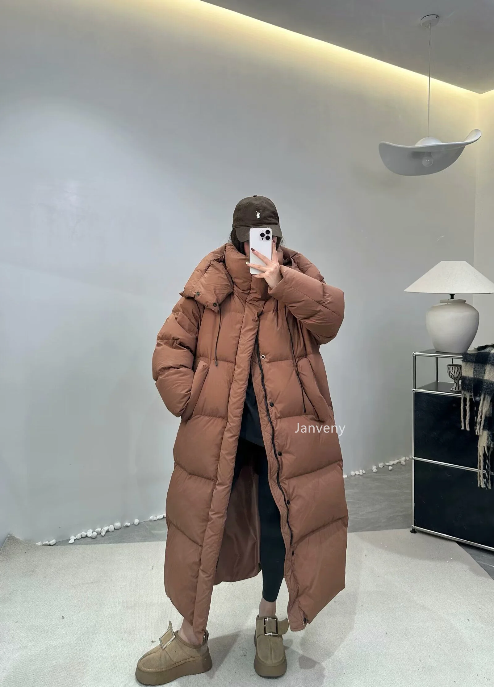 Janveny Women's Down Coats Korean Loose Hooded Thick Warm Long Duck Down Jacket Winter Puffer Coat For Female Parkas Outwear