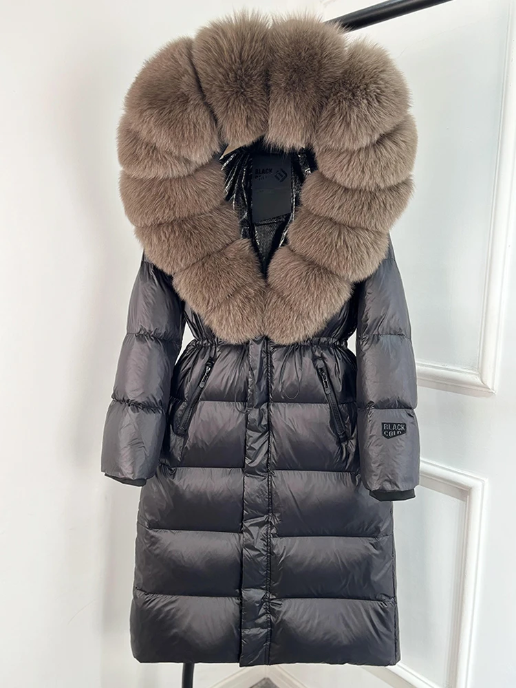 Janveny Thick Glossy Long Puffer Jacket Women Real Fox Fur Hooded 2026 Winter 90% Duck Down Coat Waterproof Female Warm Parkas