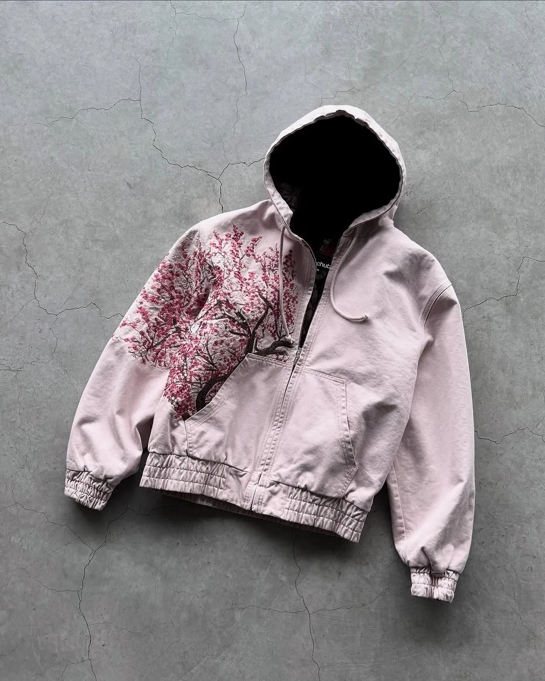 American Harajuku Sakura Retro Embroidery Pink Hoodie Y2K Jacket Men Women Gothic Streetwear Oversized Casual Fashion Outerwear