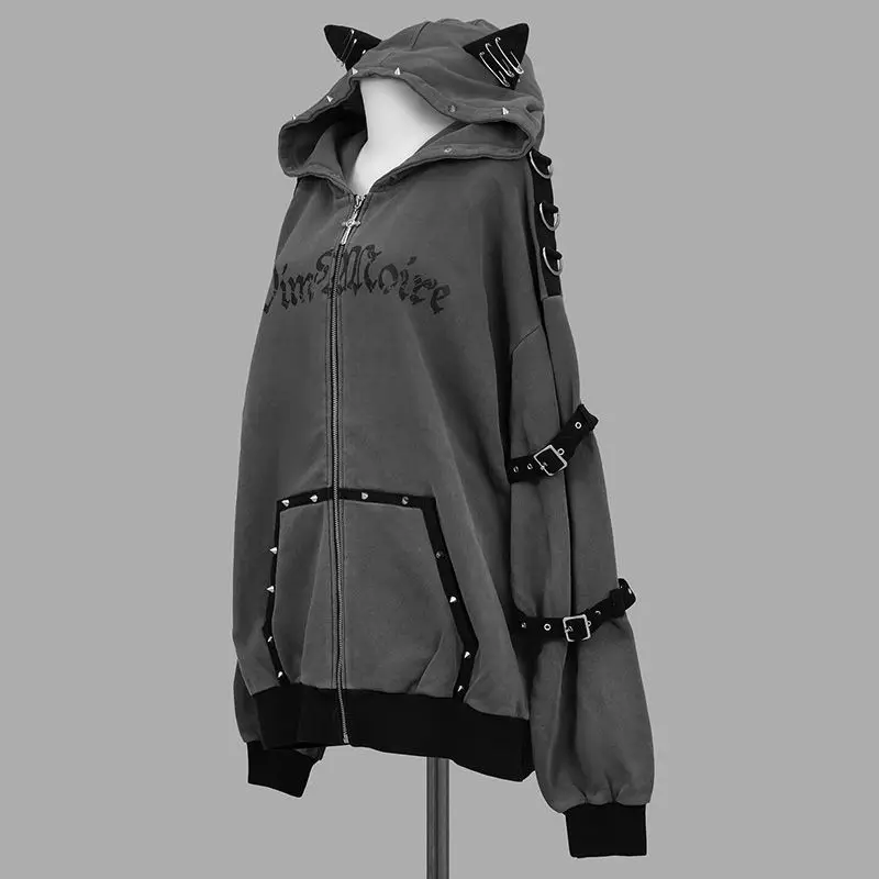 Aoaiiys Hoodies Women Y2k Aesthetic Letter Print Punk Grunge Hoodie Pocket Harajuku Streetwear Zipper Cat Ear Hooded Sweatshirts