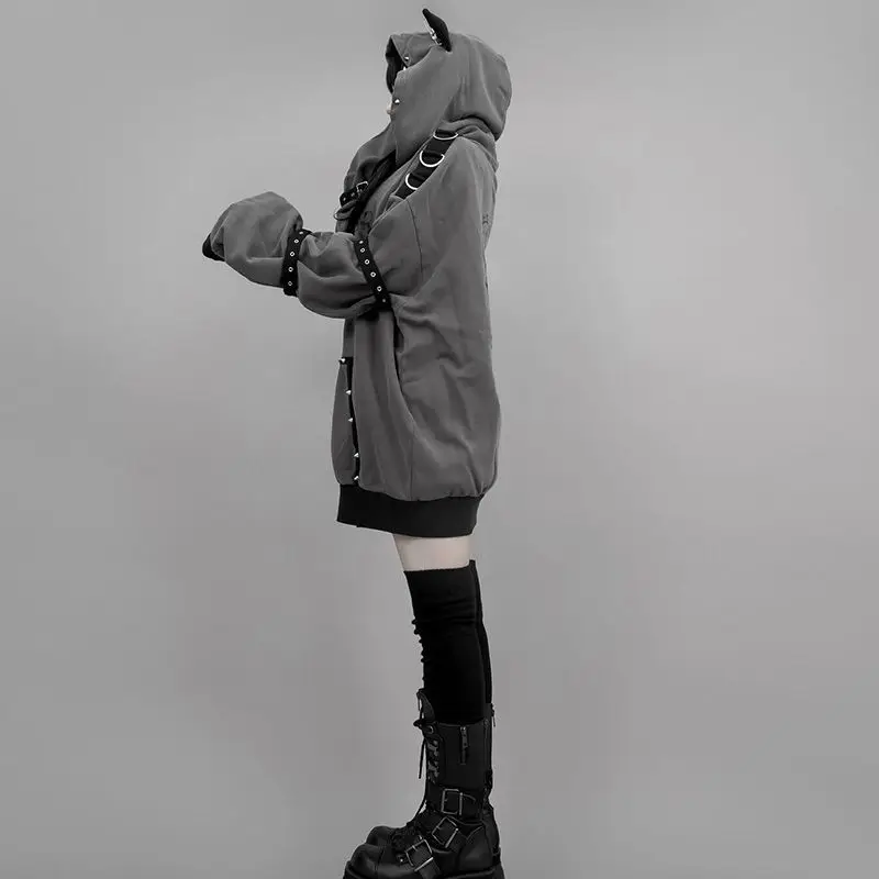Aoaiiys Hoodies Women Y2k Aesthetic Letter Print Punk Grunge Hoodie Pocket Harajuku Streetwear Zipper Cat Ear Hooded Sweatshirts