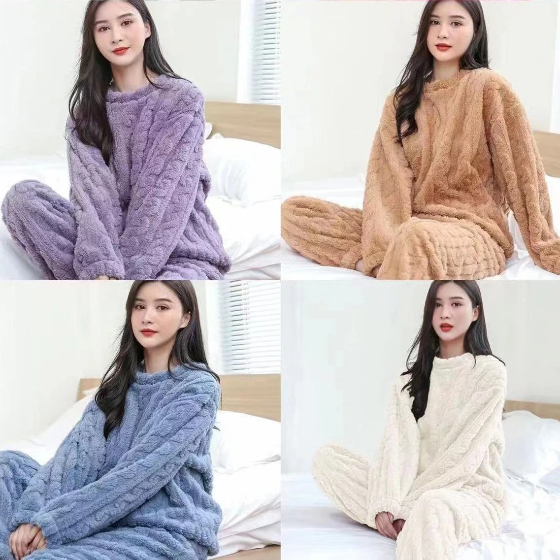 Women's Minimalist Soft Coral Velvet Jacquard Warm Pajama Set Cozy Loungewear Outerwear for Winter Christmas Back to School Gift