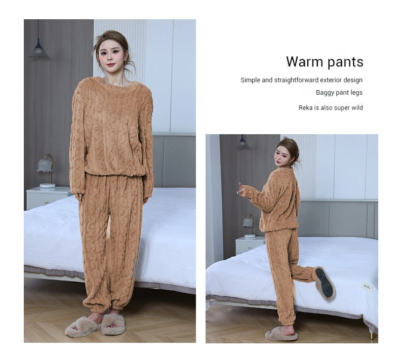 Women's Minimalist Soft Coral Velvet Jacquard Warm Pajama Set Cozy Loungewear Outerwear for Winter Christmas Back to School Gift