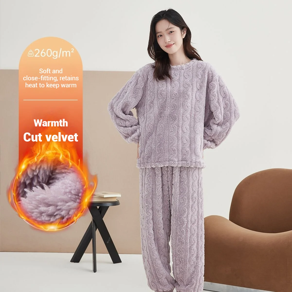 Women's Minimalist Soft Coral Velvet Jacquard Warm Pajama Set Cozy Loungewear Outerwear for Winter Christmas Back to School Gift