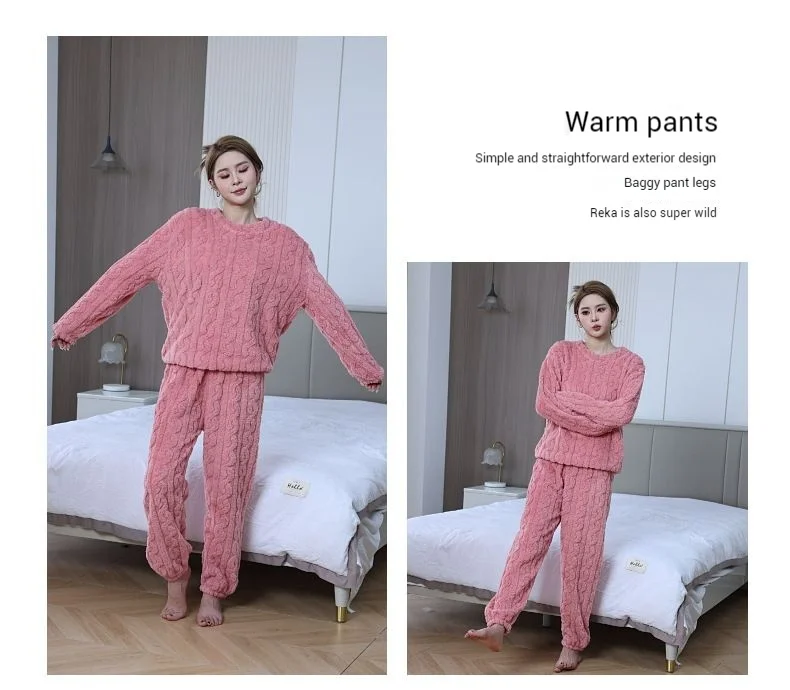 Women's Minimalist Soft Coral Velvet Jacquard Warm Pajama Set Cozy Loungewear Outerwear for Winter Christmas Back to School Gift