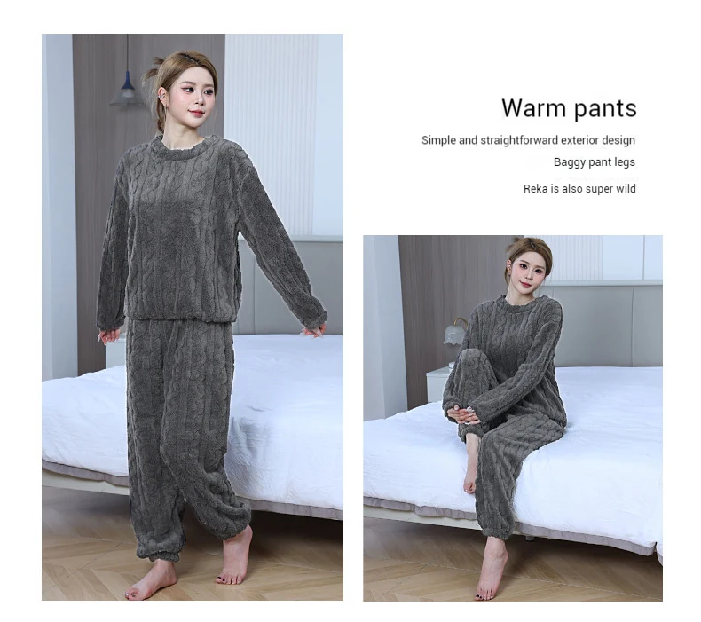 Women's Minimalist Soft Coral Velvet Jacquard Warm Pajama Set Cozy Loungewear Outerwear for Winter Christmas Back to School Gift