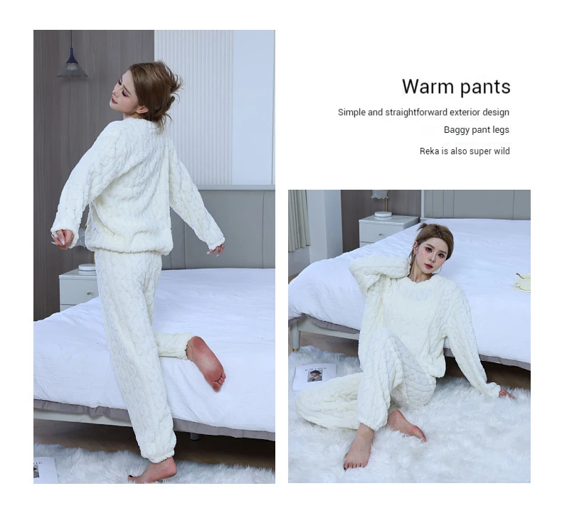 Women's Minimalist Soft Coral Velvet Jacquard Warm Pajama Set Cozy Loungewear Outerwear for Winter Christmas Back to School Gift