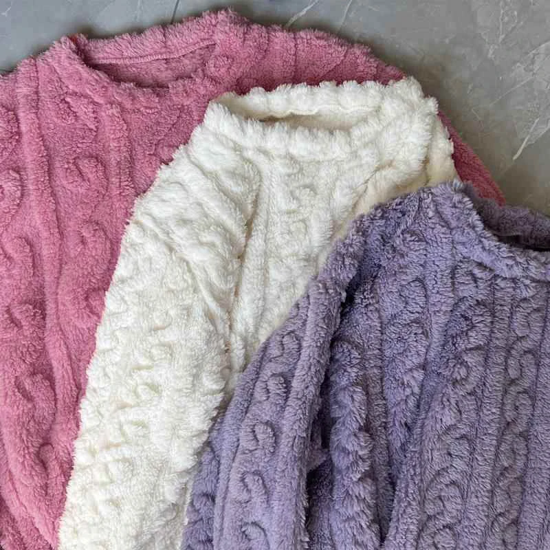 Women's Minimalist Soft Coral Velvet Jacquard Warm Pajama Set Cozy Loungewear Outerwear for Winter Christmas Back to School Gift