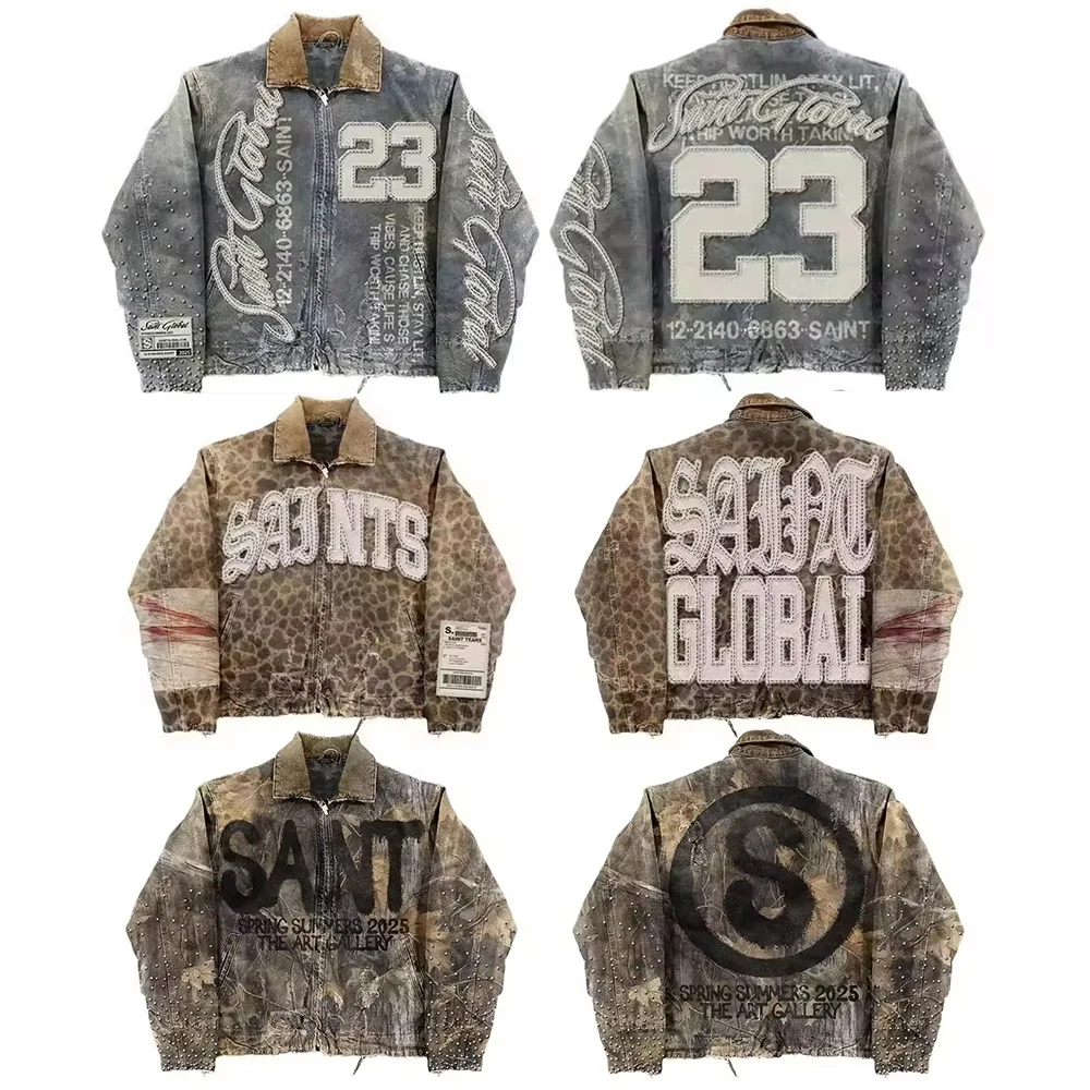 Streetwear Vintage Denim Jacket Y2K Clothes Men Women Punk Rock Hiphop Monogram Patchwork Embroidery Sequin Shiny Oversized Coat