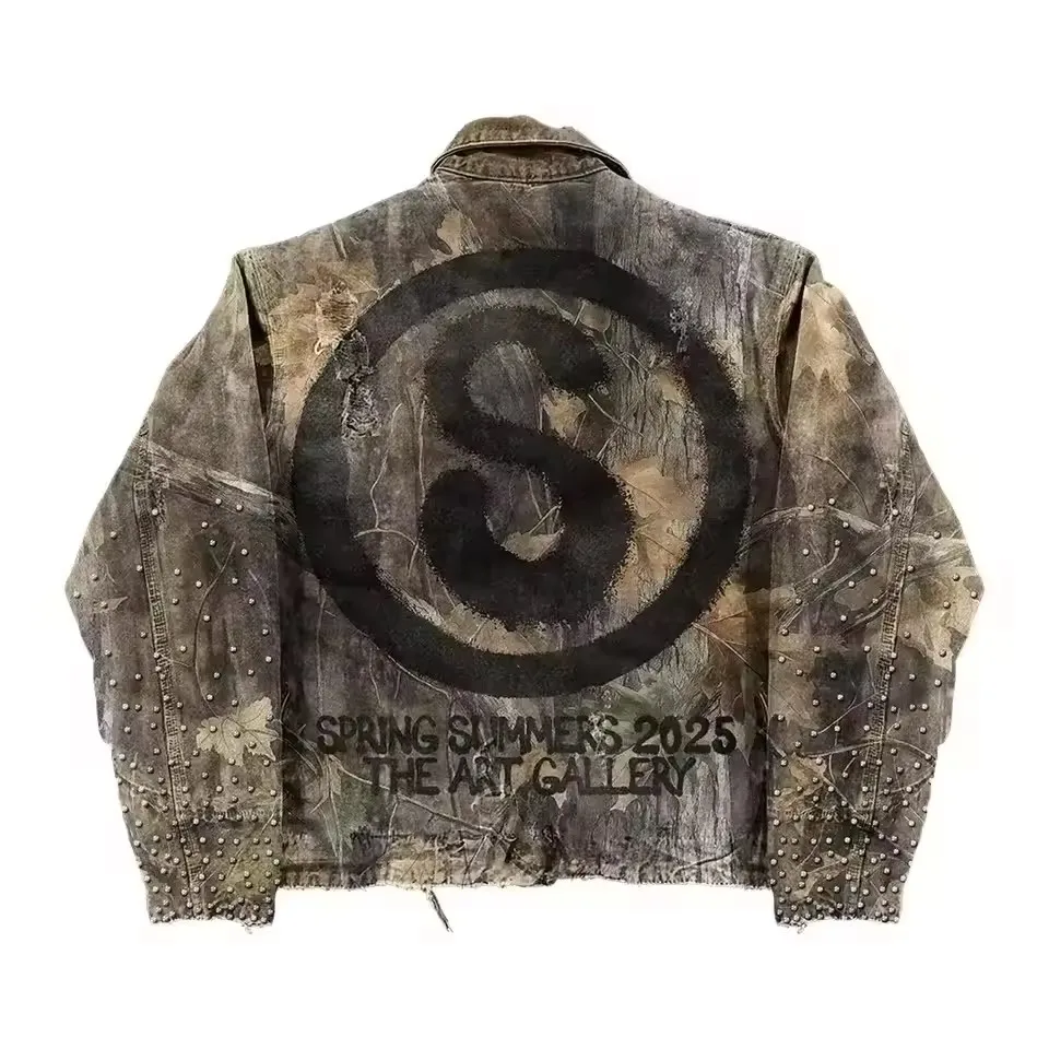 Streetwear Vintage Denim Jacket Y2K Clothes Men Women Punk Rock Hiphop Monogram Patchwork Embroidery Sequin Shiny Oversized Coat