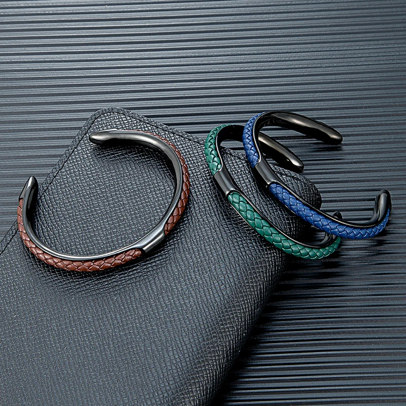 MKENDN Classic Men Stainless Steel Woven Leather Cuff Bracelet Bangles Fashion Minimalist Jewelry Pulseras Lovers' Gift