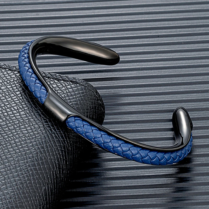 MKENDN Classic Men Stainless Steel Woven Leather Cuff Bracelet Bangles Fashion Minimalist Jewelry Pulseras Lovers' Gift