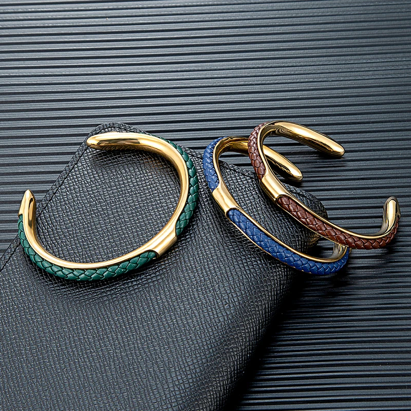 MKENDN Classic Men Stainless Steel Woven Leather Cuff Bracelet Bangles Fashion Minimalist Jewelry Pulseras Lovers' Gift