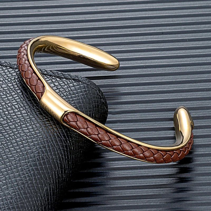 MKENDN Classic Men Stainless Steel Woven Leather Cuff Bracelet Bangles Fashion Minimalist Jewelry Pulseras Lovers' Gift