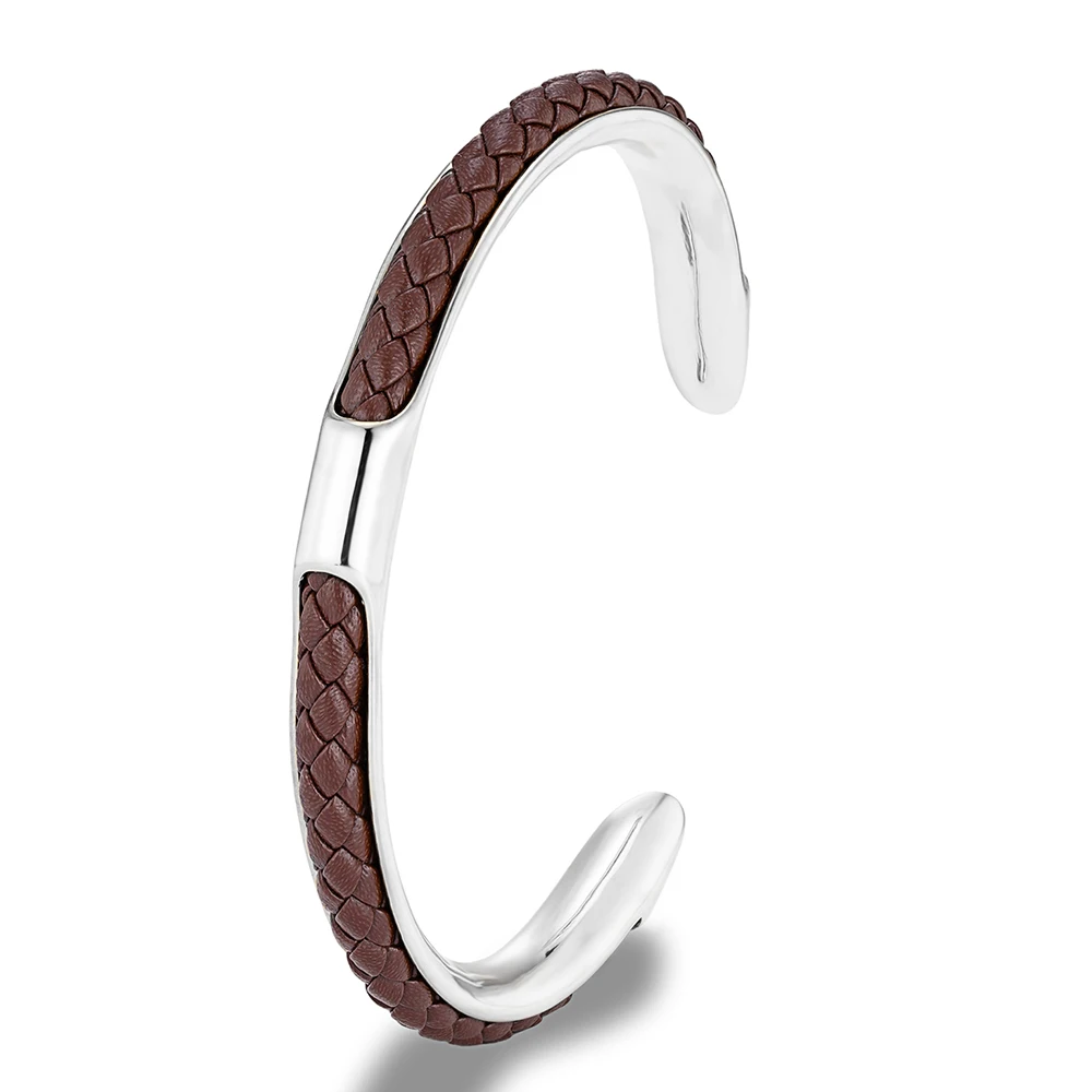 MKENDN Classic Men Stainless Steel Woven Leather Cuff Bracelet Bangles Fashion Minimalist Jewelry Pulseras Lovers' Gift