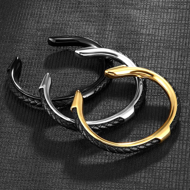 MKENDN Classic Men Stainless Steel Woven Leather Cuff Bracelet Bangles Fashion Minimalist Jewelry Pulseras Lovers' Gift