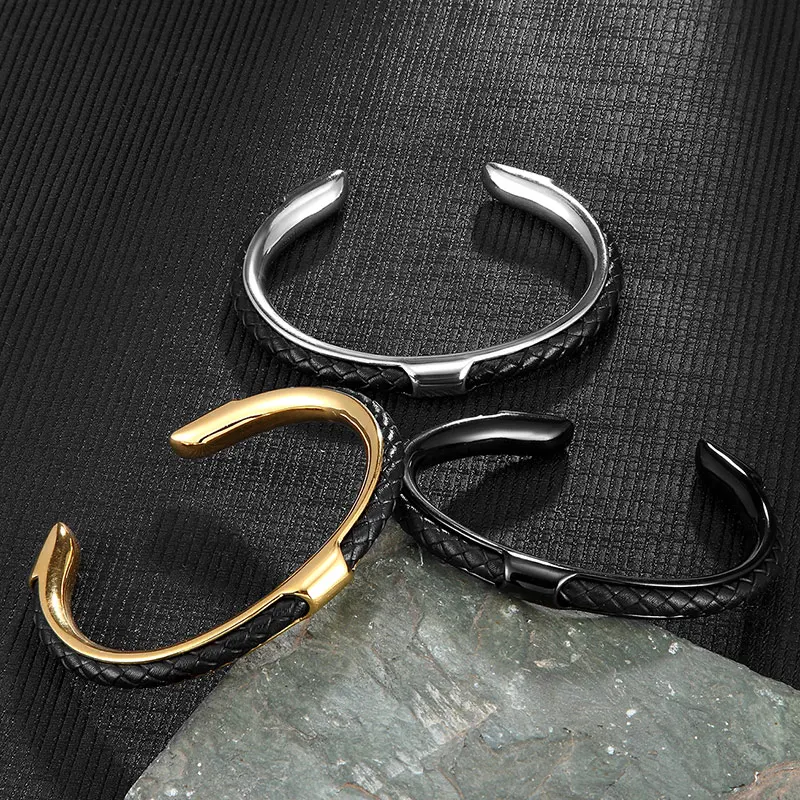 MKENDN Classic Men Stainless Steel Woven Leather Cuff Bracelet Bangles Fashion Minimalist Jewelry Pulseras Lovers' Gift