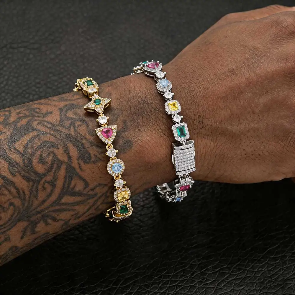 ESKEEM Iced Out Tennis Bracelet Inlaid Multicolored Cubic Zirconia Women Men Tennis Chain Bracelet Hip Hop Jewelry Party Gift