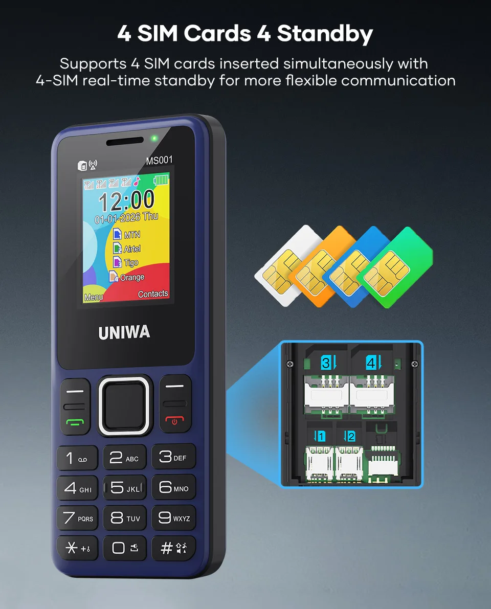 UNIWA MS001 Feature Phone 4 SIM 4 Standby GSM Signal Booster Keypad Phone 1800mAh Wireless radio Torch Senior Elder Cellphone