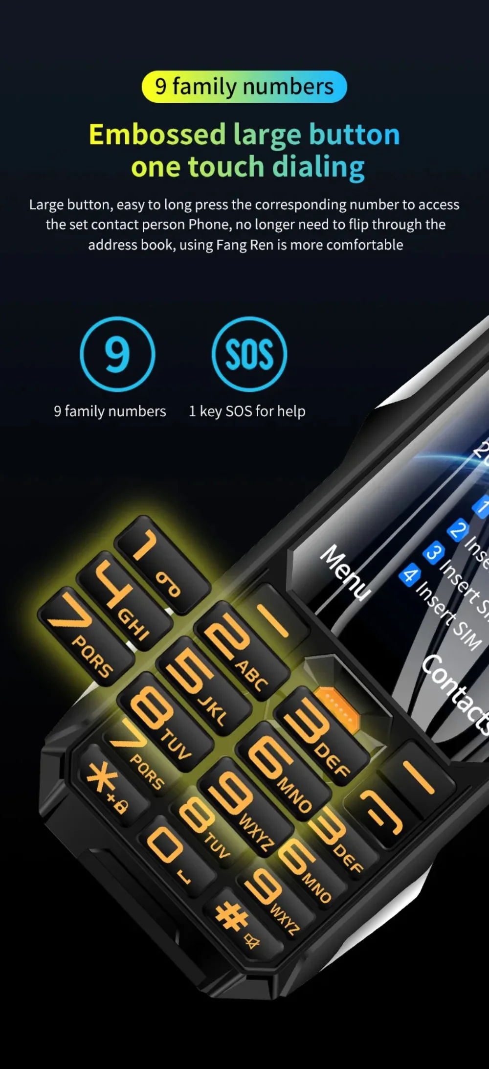 YEEMI Q9 4G Network Feature Phone 2 SIM Rugged Phones 3.5 Inch 18000mAh Big Battery Loud Voice Phone For Elder Cellphone SOS
