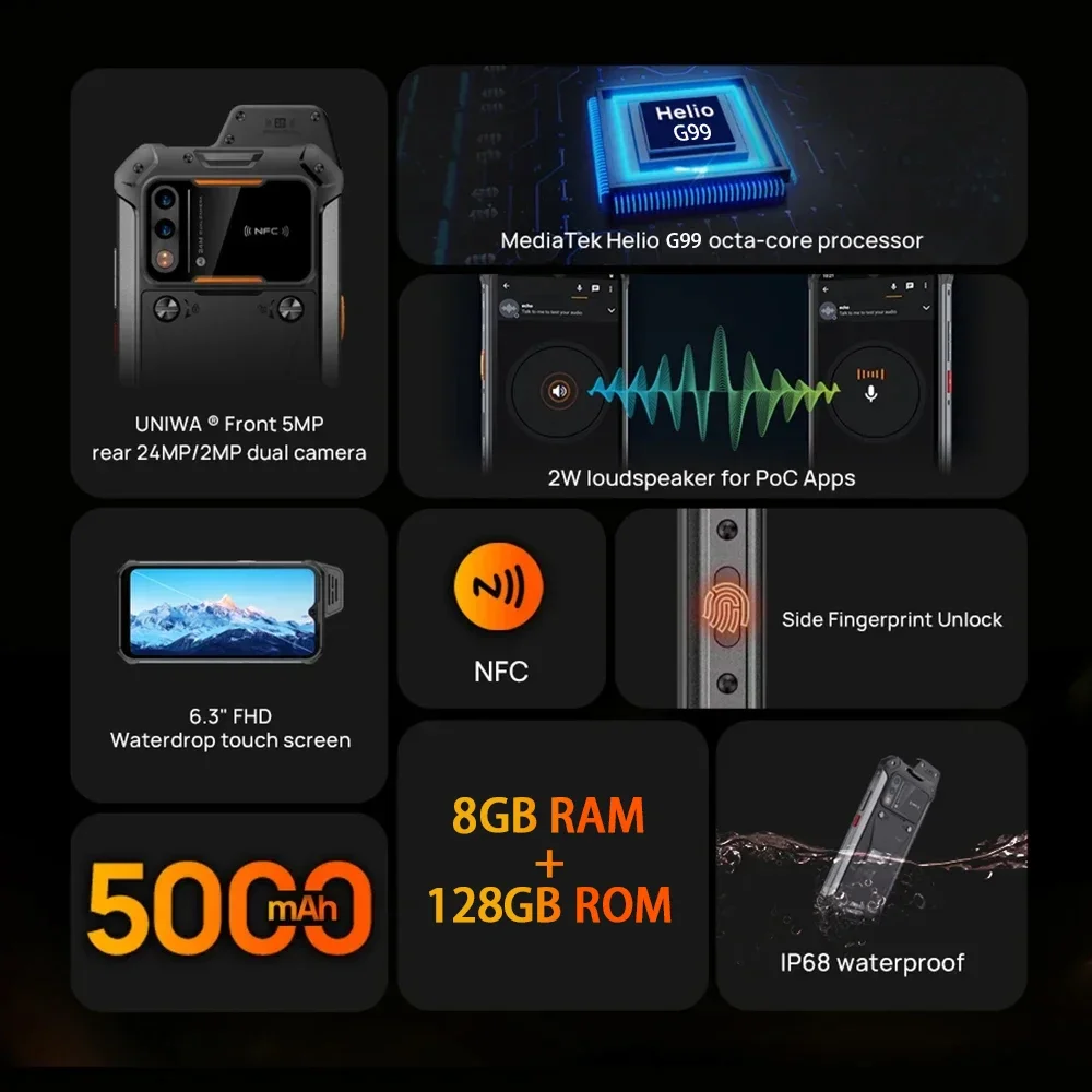 UNIWA W999 Rugged Smartphone ATEX Waterproof Explosion proof Mobile Phone 8GB+128GB 6.3Inch Helio G99 FHD 5000mAh Andriod 13 NFC