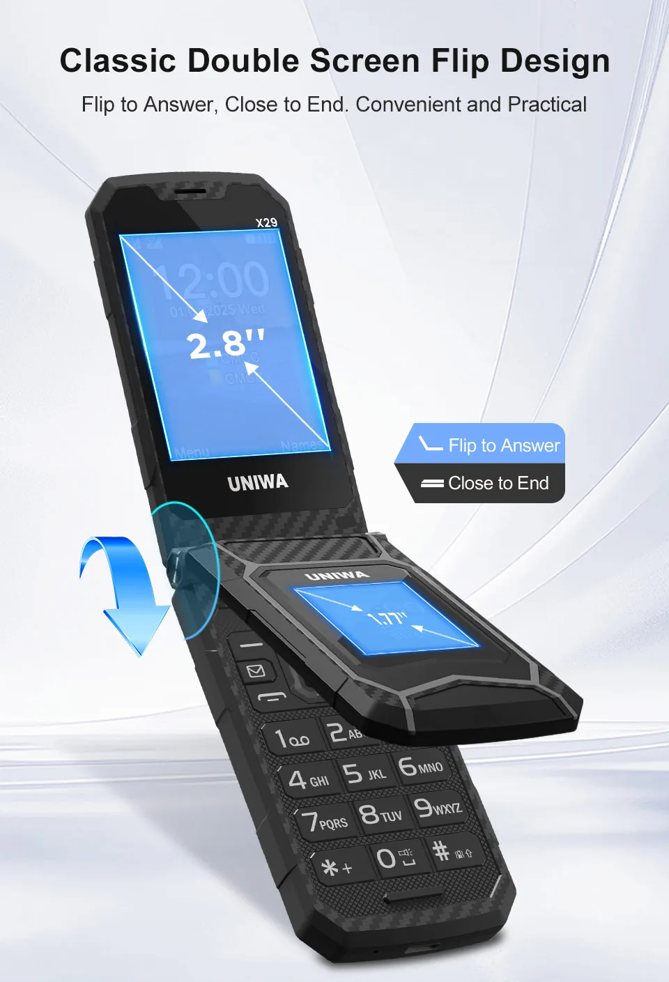 UNIWA X29 GSM Flip Phone 2.8 Inch Double Screen Dual SIM Big Font Big Button For Senior 2000mAh Wireless Radio Russian Keyboard