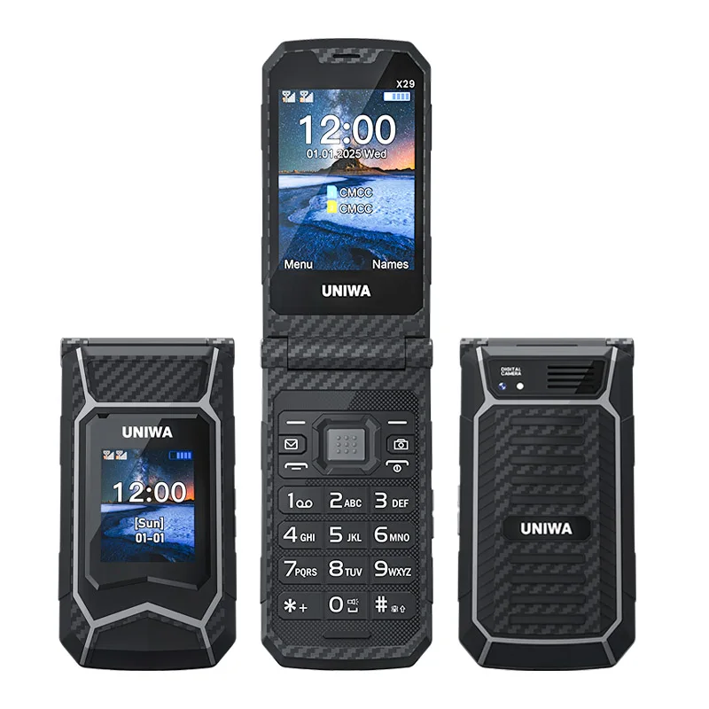 UNIWA X29 GSM Flip Phone 2.8 Inch Double Screen Dual SIM Big Font Big Button For Senior 2000mAh Wireless Radio Russian Keyboard