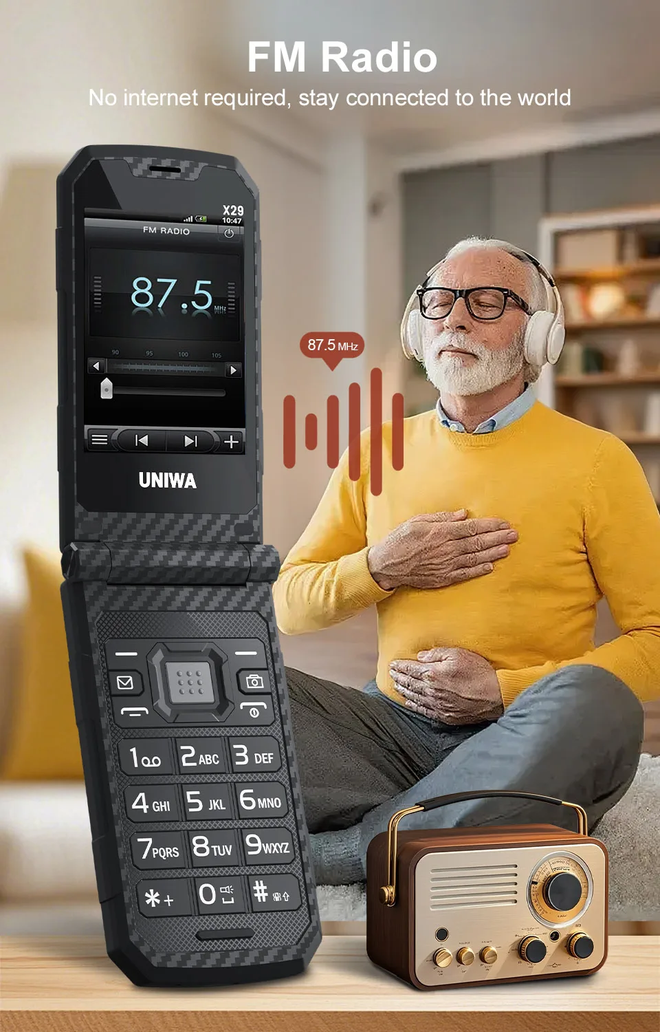 UNIWA X29 GSM Flip Phone 2.8 Inch Double Screen Dual SIM Big Font Big Button For Senior 2000mAh Wireless Radio Russian Keyboard