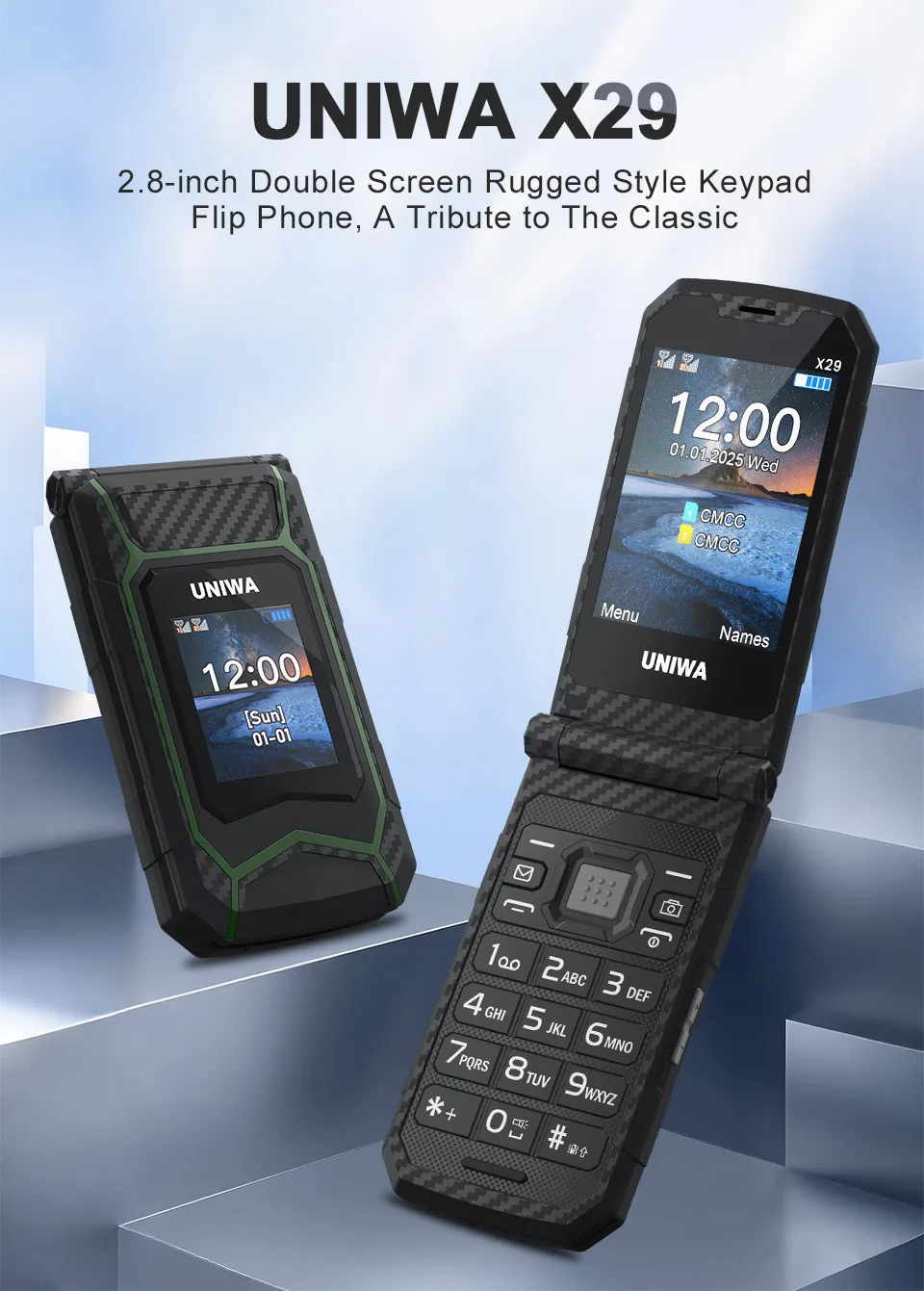 UNIWA X29 GSM Flip Phone 2.8 Inch Double Screen Dual SIM Big Font Big Button For Senior 2000mAh Wireless Radio Russian Keyboard