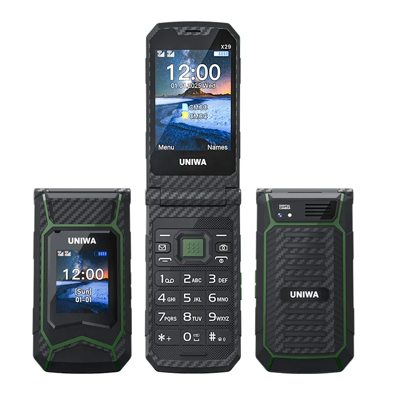 UNIWA X29 GSM Flip Phone 2.8 Inch Double Screen Dual SIM Big Font Big Button For Senior 2000mAh Wireless Radio Russian Keyboard