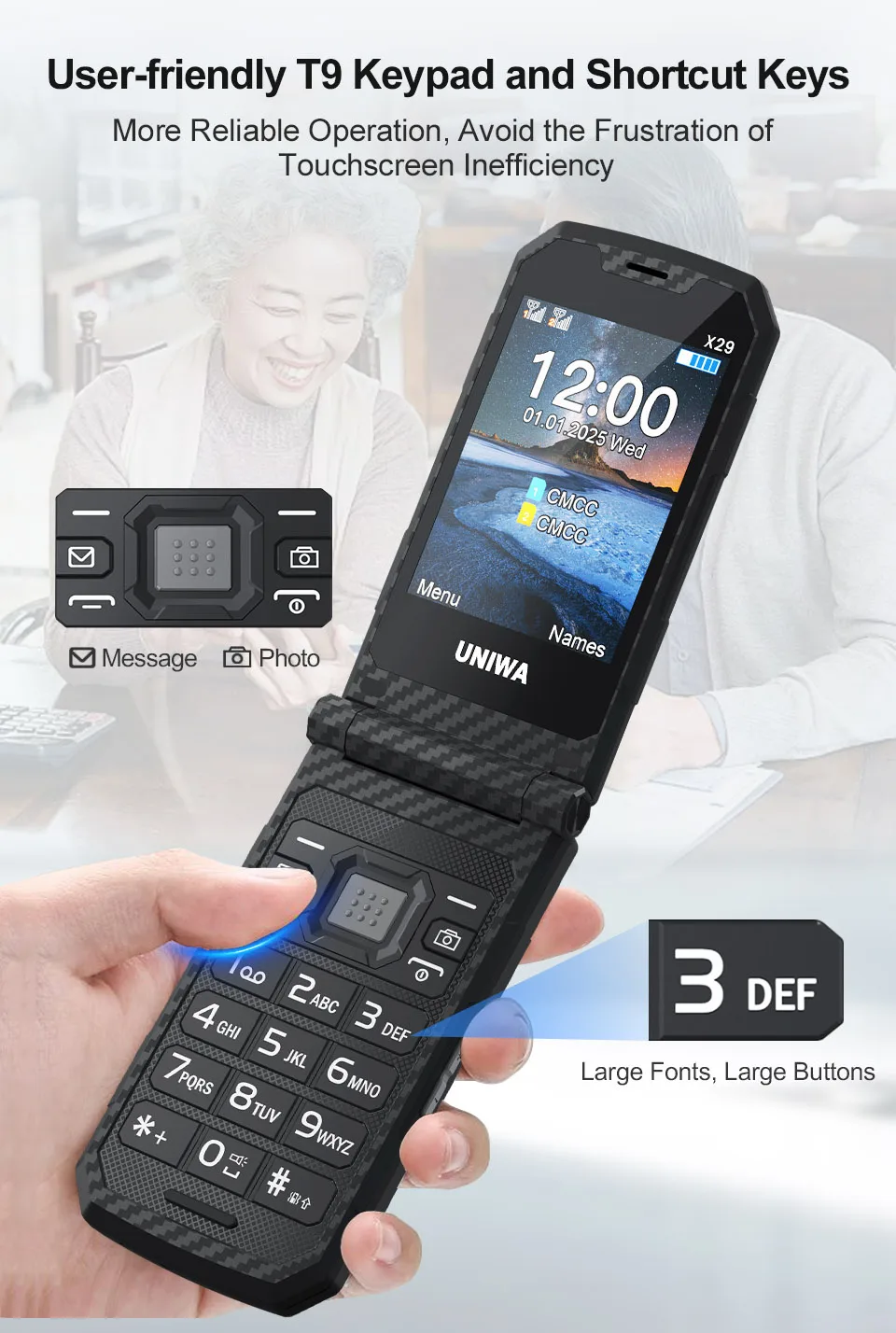 UNIWA X29 GSM Flip Phone 2.8 Inch Double Screen Dual SIM Big Font Big Button For Senior 2000mAh Wireless Radio Russian Keyboard