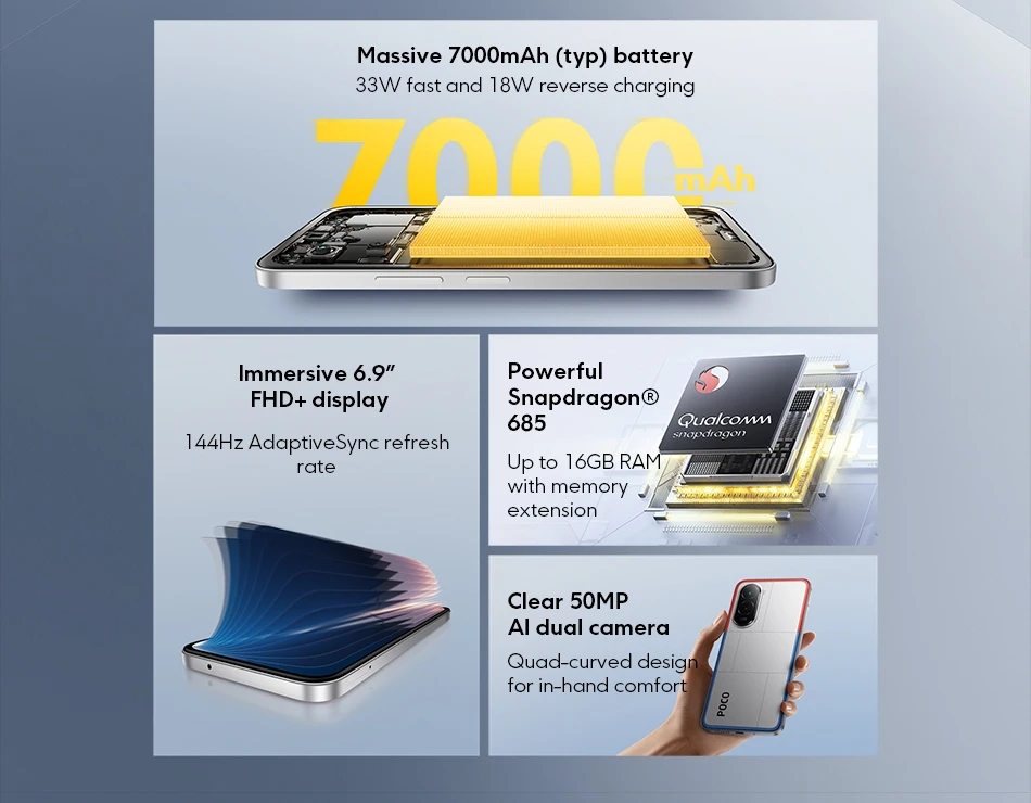POCO M7 Global Version 128GB/256GB Smartphone 7000mAh Snapdragon 685 NFC 6.9" 144Hz Display 50MP Camera