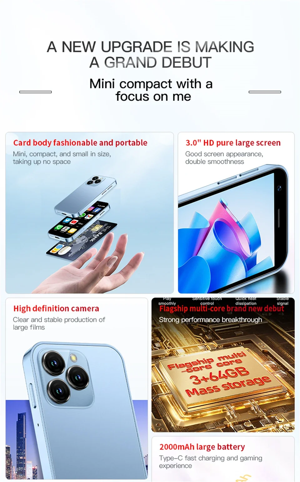 Original SOYES XS16 Mini Smartphone Phone 4G LTE 3GB+64GB 3Inch Cellphone Android10 2000mAh 5MP Dual SIM Mini Telephone Portable