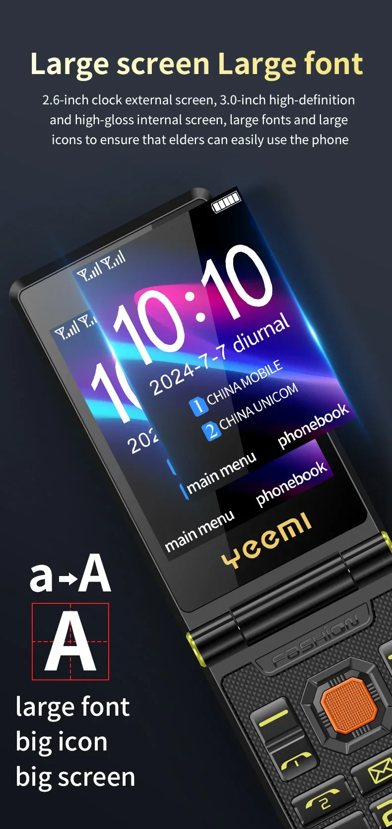 YeeMI M7 2G Rugged Flip Phone Dual SIM Dual Screen Large Fonts For Old Man 6800mAh Cellphone FM Radio SOS Push button Phones