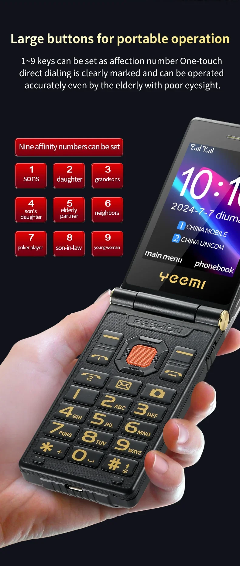 YeeMI M7 2G Rugged Flip Phone Dual SIM Dual Screen Large Fonts For Old Man 6800mAh Cellphone FM Radio SOS Push button Phones
