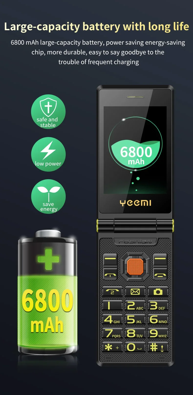 YeeMI M7 2G Rugged Flip Phone Dual SIM Dual Screen Large Fonts For Old Man 6800mAh Cellphone FM Radio SOS Push button Phones