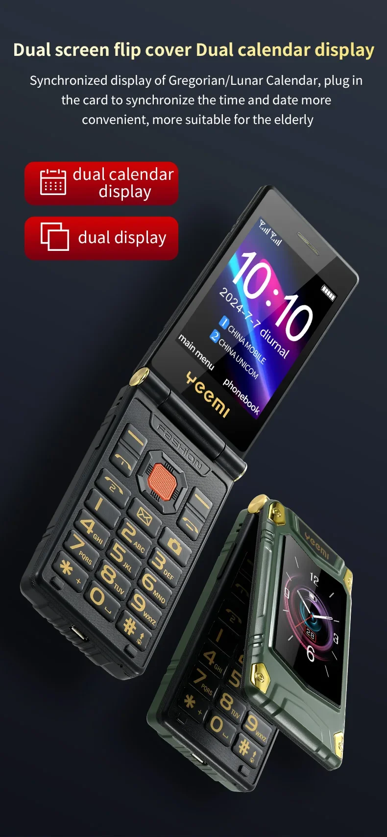 YeeMI M7 2G Rugged Flip Phone Dual SIM Dual Screen Large Fonts For Old Man 6800mAh Cellphone FM Radio SOS Push button Phones