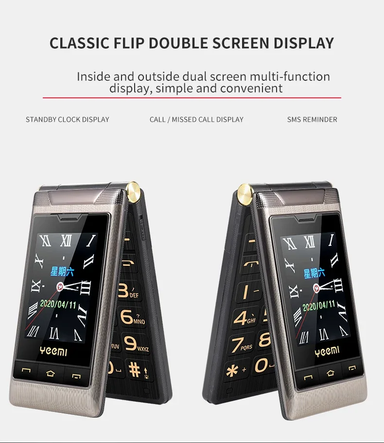YeeMI G10 4G Flip Phone 2.4/2.8 Inch Dual Display Feature Mobile Phones 1800mAh Battery Big Keyboard Big Voice For Elderly SOS