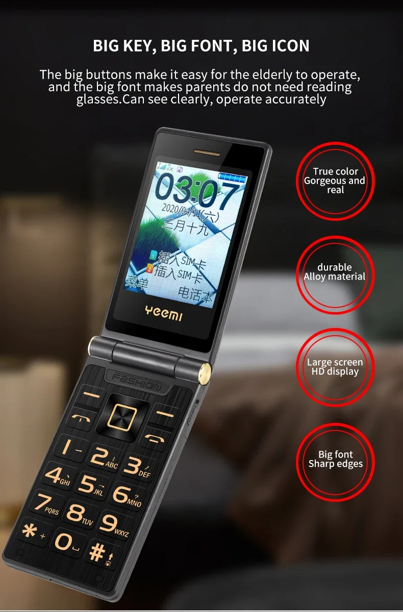 YeeMI G10 4G Flip Phone 2.4/2.8 Inch Dual Display Feature Mobile Phones 1800mAh Battery Big Keyboard Big Voice For Elderly SOS