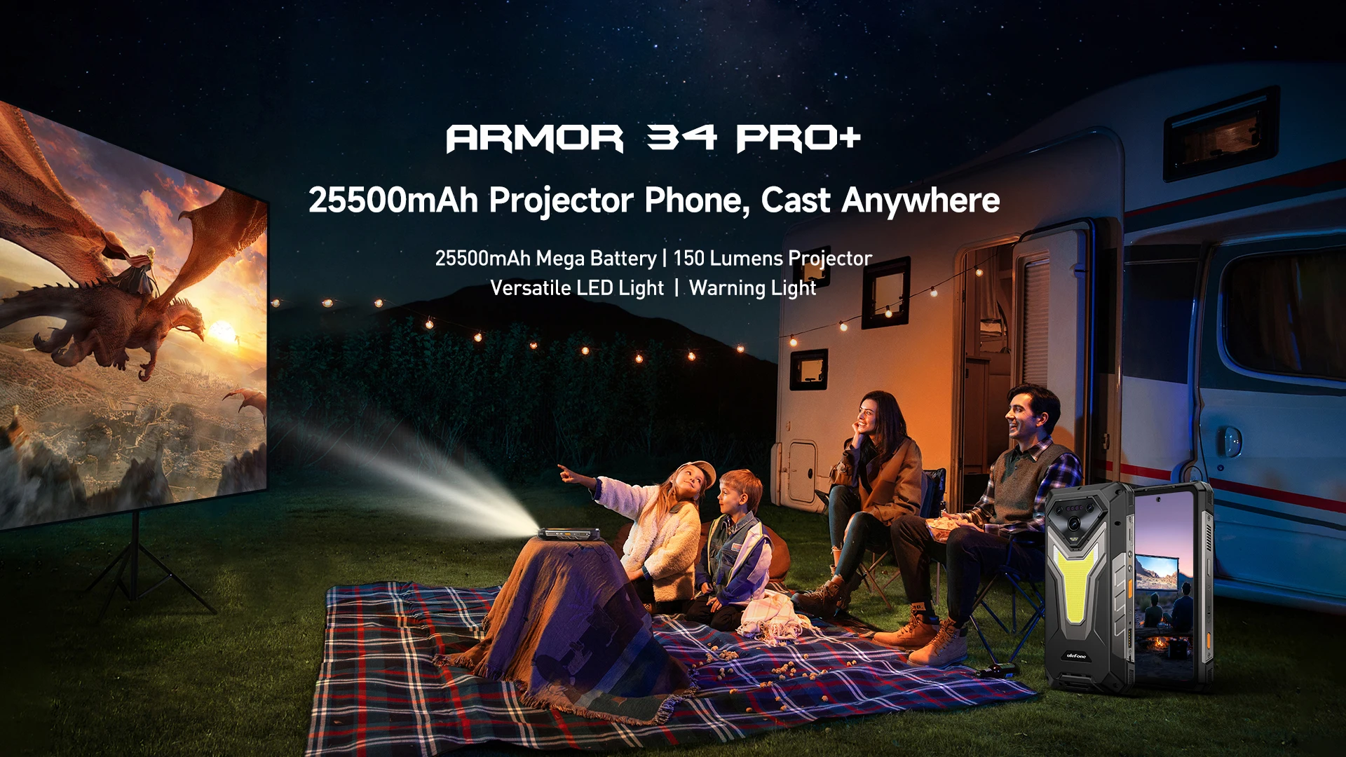 Ulefone Armor 34 Pro+ 5G AI Rugged Smartphone 25500mAh Built-in Projector Up to 32GB+512GB ROM 120Hz 6.95" Mobile Phone NFC