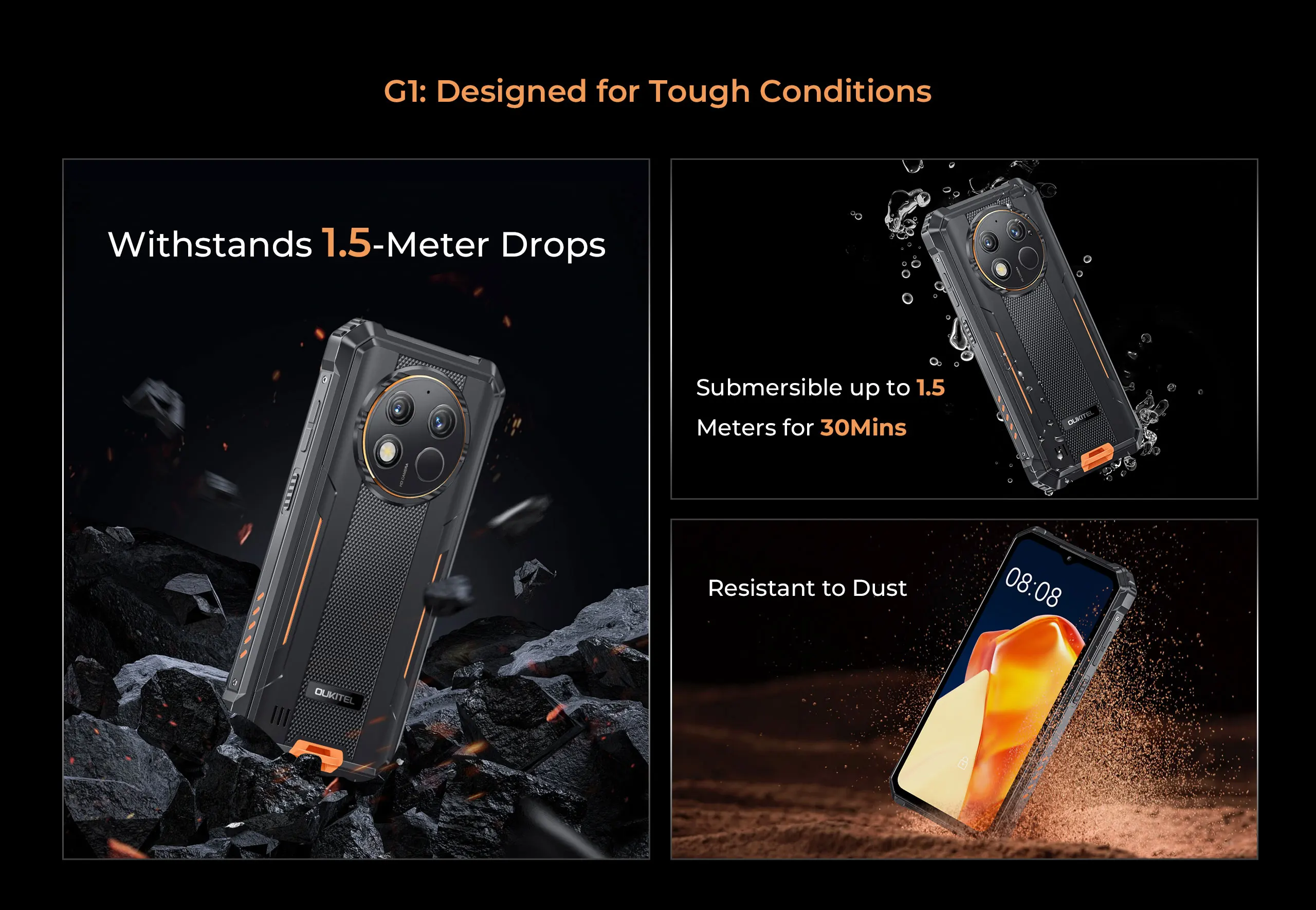 Oukitel G1 Rugged Smartphone 6.52'' HD+ 10600mAh 24(6+18)GB+256GB Android14 48MP Camera Cell Phone